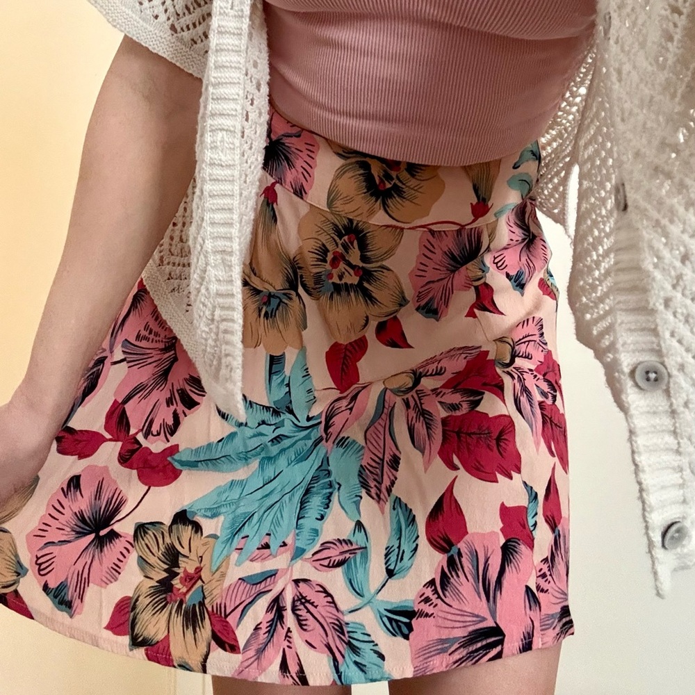 For Love And Lemons Floral A-Line Skirt in Pink and Blue